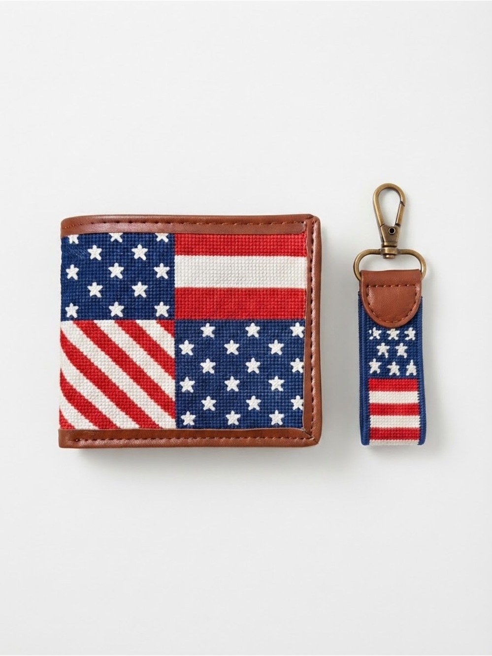 NWT The Kraftsman Co American Flag Needlepoint Wallet & Key Fob Set